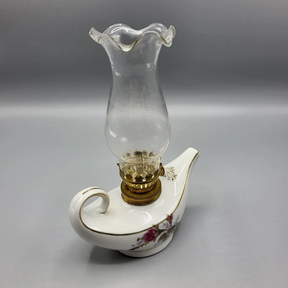 Vtg Genie Aladdin Mini Porcelain Oil Lamp Moss Rose Gold Trim Japan 7.5